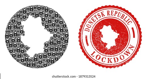 Mosaico vectorial de la República de Donetsk mapa de cerraduras y sello de sello de RELOJ grunge. Mapa geográfico mosaico de la República de Donetsk construido en forma tallada de círculo con cerraduras negras.