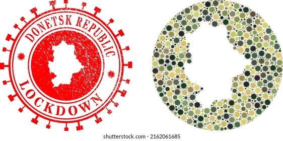 Vektor Mosaik Donetsk Republik Karte der Grippevirus Elemente und Grunge LOCKDOWN-Badge.