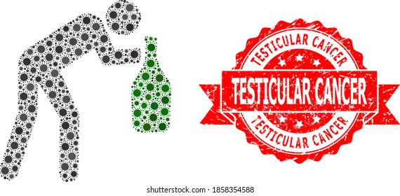 Vector mosaic drunky man of corona virus, and Testicular Cancer rubber ribbon stamp seal. Virus particles inside drunky man mosaic. Red stamp seal includes Testicular Cancer caption inside ribbon.