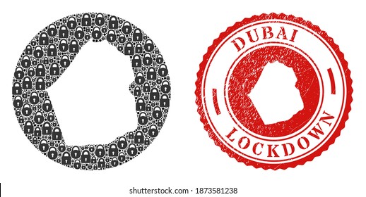 Vector mosaic Dubai Emirate map of locks and grunge LOCKDOWN seal. Mosaic geographic Dubai Emirate map designed as carved shape from round shape with black locks.