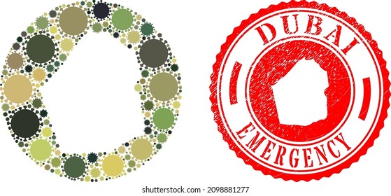 Vector mosaic Dubai Emirate map of virus outbreak items and grunge EMERGENCY seal stamp. Mosaic geographic Dubai Emirate map created as hole from circle with virus outbreak items in camo army colors.