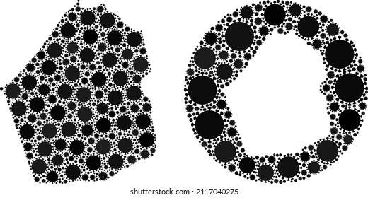 Mosaico vectorial del Emirato de Dubai de elementos covid-2019. Mapa del emirato de Dubai geográfico mosaico construido como forma tallada de forma redonda con elementos del virus SARS en tonos de color negro.