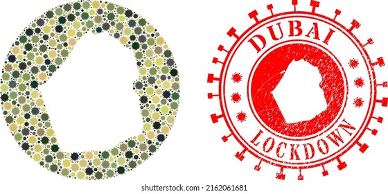 Mapa del emirato de Dubai de mosaicos vectoriales de objetos covid-2019 y sello de sello de sello LOCKDOWN.