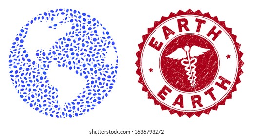 Vector mosaic Earth globe and red rounded rubber stamp watermark with medical symbol. Earth globe collage created with ellipse spots. Red rounded serpents seal stamp, with grunge texture.