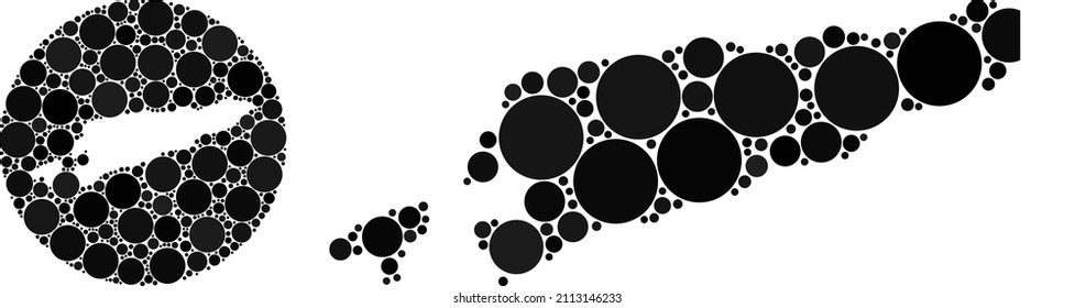 Vector mosaic East Timor map of round dots. Mosaic geographic East Timor map constructed as hole from round shape with circle dots in black color hues. Pixel vector mosaic East Timor map.