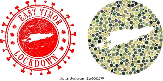 Vector mosaic East Timor map of SARS virus elements and grunge LOCKDOWN seal stamp.