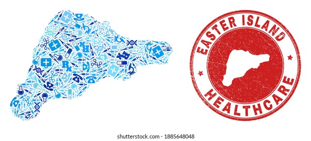 Vector mosaic Easter Island map with healthcare icons, chemical symbols, and grunge healthcare seal stamp. Red round stamp with corroded rubber texture and Easter Island map word and map.