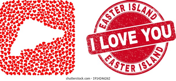 Vector mosaic Easter Island map of valentine heart elements and grunge love seal stamp. Mosaic geographic Easter Island map designed as stencil from rounded square with lovely hearts.