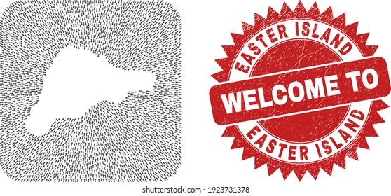 Vector mosaic Easter Island map of straight arrows and grunge Welcome stamp. Mosaic geographic Easter Island map created as subtraction from rounded square with straight arrows.