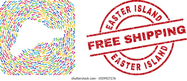 Vector mosaic Easter Island map of navigation arrows and grunge Free Shipping seal stamp. Mosaic geographic Easter Island map created with colored navigation arrows around rounded square subtraction.