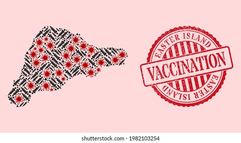 Vector mosaic Easter Island map of covid-2019 virus, treatment icons, and red grunge vaccination stamp. Virus items and treatment items inside Easter Island map.