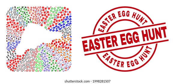 Vector mosaic Easter Island map of different symbols and Easter Egg Hunt seal stamp. Mosaic Easter Island map designed as carved shape from rounded square. Red round stamp with Easter Egg Hunt tag.