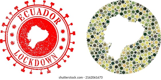 Vektor-Mosaik Ecuador Karte von covid Virus Elemente und grunge LOCKDOWN Siegel. Mosaik geographische Ecuador Karte als Loch aus Kreis mit covid-2019 Elemente in khaki militärischen Farbtönen.