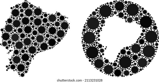 Mosaico vectorial Ecuador mapa de elementos virales. Mapa geográfico mosaico de Ecuador construido como esténcil de círculo con elementos del virus de la gripe en tonos de color negro. Ilustración con fines de brote.