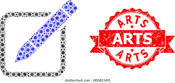 Lápiz de edición de mosaico vectorial del virus covid-2019, y sello de cinta arañada Arts. Elementos de virus dentro del mosaico de lápiz de edición. El sello rojo tiene texto de las artes dentro de la cinta.