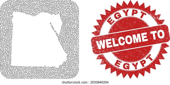 Vector mosaic Egypt map of motion arrows and rubber Welcome stamp. Mosaic geographic Egypt map constructed as subtraction from rounded square shape using moving arrows.