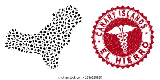 Vector mosaic El Hierro Island map and red round corroded stamp watermark with medical symbol. El Hierro Island map collage constructed with ellipse spots. Red round health care seal stamp,
