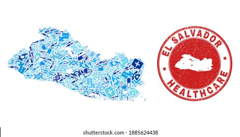 Vector mosaic El Salvador map with treatment icons, test symbols, and grunge healthcare rubber imitation. Red round stamp with corroded rubber texture and El Salvador map text and map.