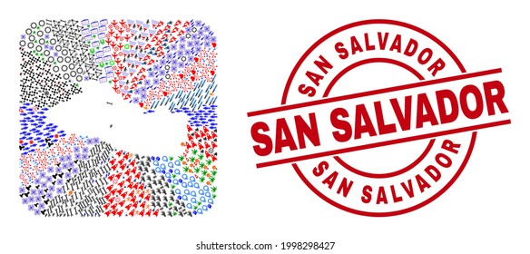 Vector mosaic El Salvador map of different pictograms and San Salvador seal stamp. Mosaic El Salvador map designed as carved shape from rounded square shape. Red round seal with San Salvador text.