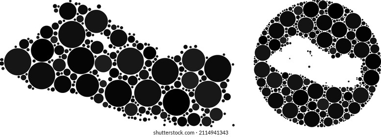 Vector mosaic El Salvador map of round elements. Mosaic geographic El Salvador map is created as carved shape from round shape with circle elements in black color hues.