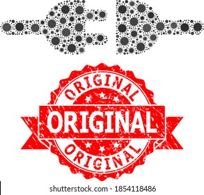 Vector mosaic electric connection of covid, and Original rubber ribbon seal imitation. Virus cells inside electric connection mosaic. Red stamp seal has Original title inside ribbon.