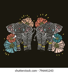Vector mosaic elephants with flowers. Ethnic illustration