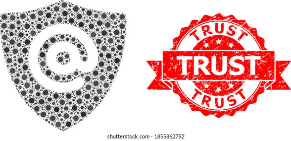 Protector de dirección de correo electrónico de mosaico vectorial del virus y confianza de la imitación del sello de cinta no limpia. Partículas de virus dentro del mosaico de protección de direcciones de correo electrónico. El sello rojo incluye el título de confianza dentro de la cinta.