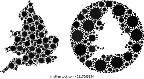 Vector mosaic England map of covid virus items. Mosaic geographic England map constructed as carved shape from circle with covid-2019 elements in black colors. Illustration for safety warnings.