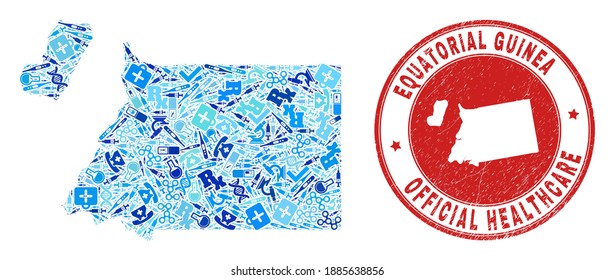 Vector mosaic Equatorial Guinea map with vaccine icons, receipt symbols, and grunge health care rubber imitation. Red round imprint with grunge rubber texture and Equatorial Guinea map tag and map.