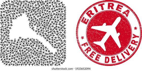Vector mosaic Eritrea map of jet vehicle items and grunge Free Delivery seal. Collage geographic Eritrea map designed as carved shape from rounded square shape with coming out airliners.
