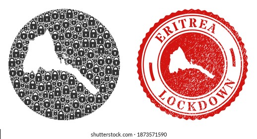 Vector mosaic Eritrea map of locks and grunge LOCKDOWN seal stamp. Mosaic geographic Eritrea map designed as carved shape from round shape with black locks.