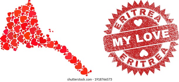 Vector mosaic Eritrea map of love heart items and grunge My Love badge. Mosaic geographic Eritrea map constructed with love hearts.