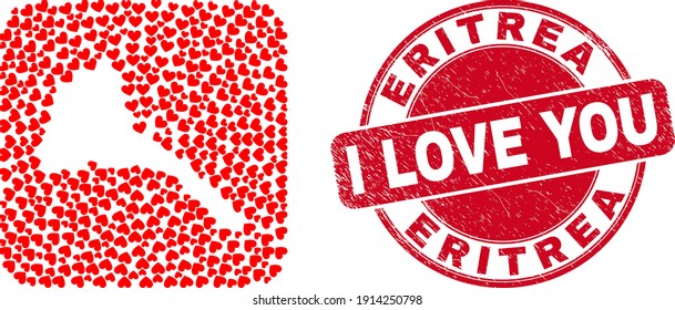 Vector mosaic Eritrea map of lovely heart items and grunge love stamp. Collage geographic Eritrea map constructed as carved shape from rounded square shape with lovely hearts.