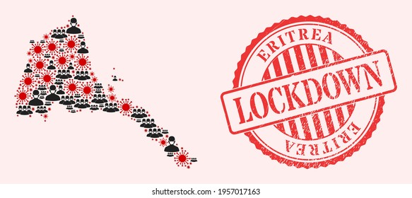 Vector mosaic Eritrea map of SARS virus, masked people and red grunge lockdown seal. Virus particles and people in masks inside Eritrea map. Red seal with grunge rubber texture and LOCKDOWN text.