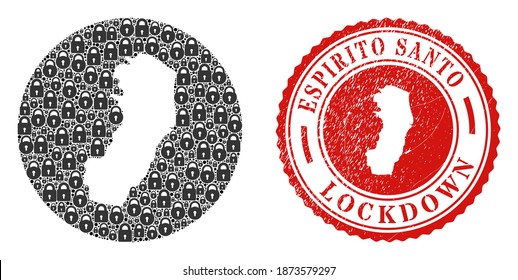 Vector mosaic Espirito Santo State map of locks and grunge LOCKDOWN seal stamp. Mosaic geographic Espirito Santo State map constructed as stencil from round shape with black locks.