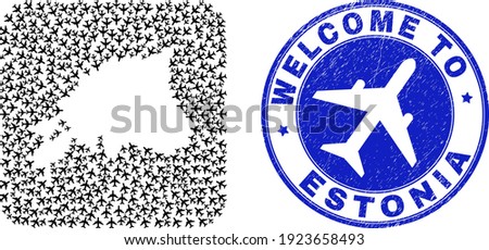 Vector mosaic Estonia map of airline elements and grunge Welcome seal. Mosaic geographic Estonia map designed as stencil from rounded square shape with air planes.