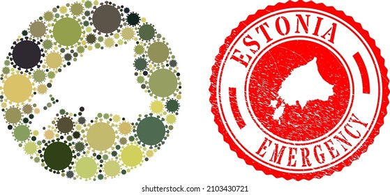Mapa del mosaico vectorial de Estonia de los ítems de infección por covid y estampilla de EMERGENCIA gruesa. Mapa geográfico mosaico de Estonia construido en forma tallada de círculo con elementos coronavirus en colores caos militares.