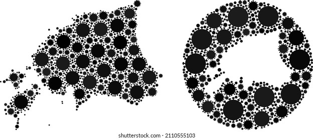Vektormosaik Estland Karte der covid Infektionsartikel. Mosaik geographische Estland-Karte als Schablone aus runder Form mit covid Virus-Symbole in schwarzen Farben. Illustration für Epidemic-Poster.