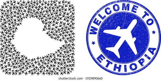 Vector mosaic Ethiopia map of aircraft items and grunge Welcome badge. Mosaic geographic Ethiopia map created as hole from rounded square with airlines.