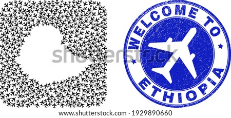 Vector mosaic Ethiopia map of aircraft items and grunge Welcome badge. Mosaic geographic Ethiopia map created as hole from rounded square with airlines.