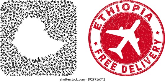 Vector mosaic Ethiopia map of aviation items and grunge Free Delivery stamp. Collage geographic Ethiopia map constructed as subtraction from rounded square with flying out aeroplanes.