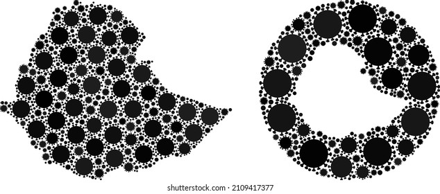 Vector mosaic Ethiopia map of coronavirus items. Mosaic geographic Ethiopia map created as carved shape from round shape with coronavirus icons in black color hues. Template for pandemic templates.