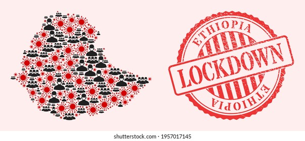 Mapa del virus de la gripe del mosaico vectorial en Etiopía, hombres enmascarados y sello de bloqueo de grunge rojo. Partículas de virus y hombres enmascarados dentro del mapa de Etiopía. Sello rojo con textura de caucho rayada y texto LOCKDOWN.