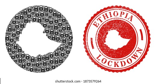 Vector mosaic Ethiopia map of locks and grunge LOCKDOWN stamp. Mosaic geographic Ethiopia map created as hole from round shape with black locks.