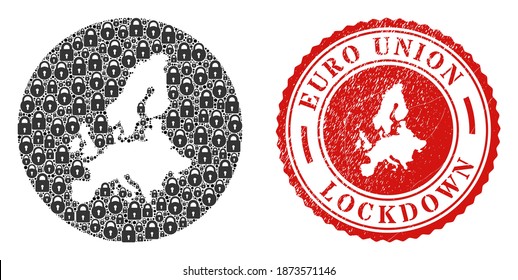Vector mosaic Euro Union map of locks and grunge LOCKDOWN seal. Mosaic geographic Euro Union map designed as carved shape from round shape with black locks.