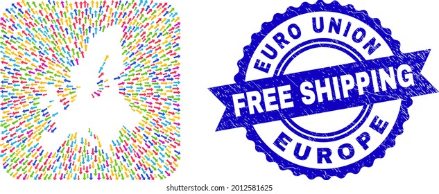 Vector mosaic Euro Union map of motion arrows and scratched Free Shipping seal. Mosaic Euro Union map created as stencil from rounded square with leaving arrows.