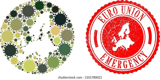 Mosaico vectorial Mapa de la Unión Europea de elementos de infección por covid y sello de EMERGENCIA grunge.