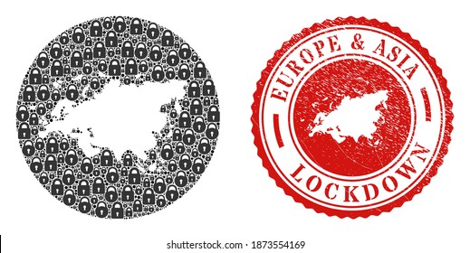 Mosaico vectorial de Europa y Asia mapa de cerraduras y estampado LOCKDOWN. Mapa geográfico mosaico de Europa y Asia creado como forma tallada de forma redonda con cerraduras negras.