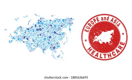 Vector mosaic Europe and Asia map with healthcare icons, laboratory symbols, and grunge healthcare rubber imitation. Red round stamp with grunge rubber texture and Europe and Asia map tag and map.