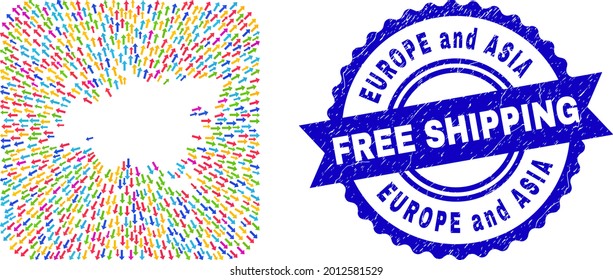 Vector mosaic Europe and Asia map of away arrows and rubber Free Shipping seal stamp. Mosaic Europe and Asia map designed as stencil from rounded square with abandon arrows.